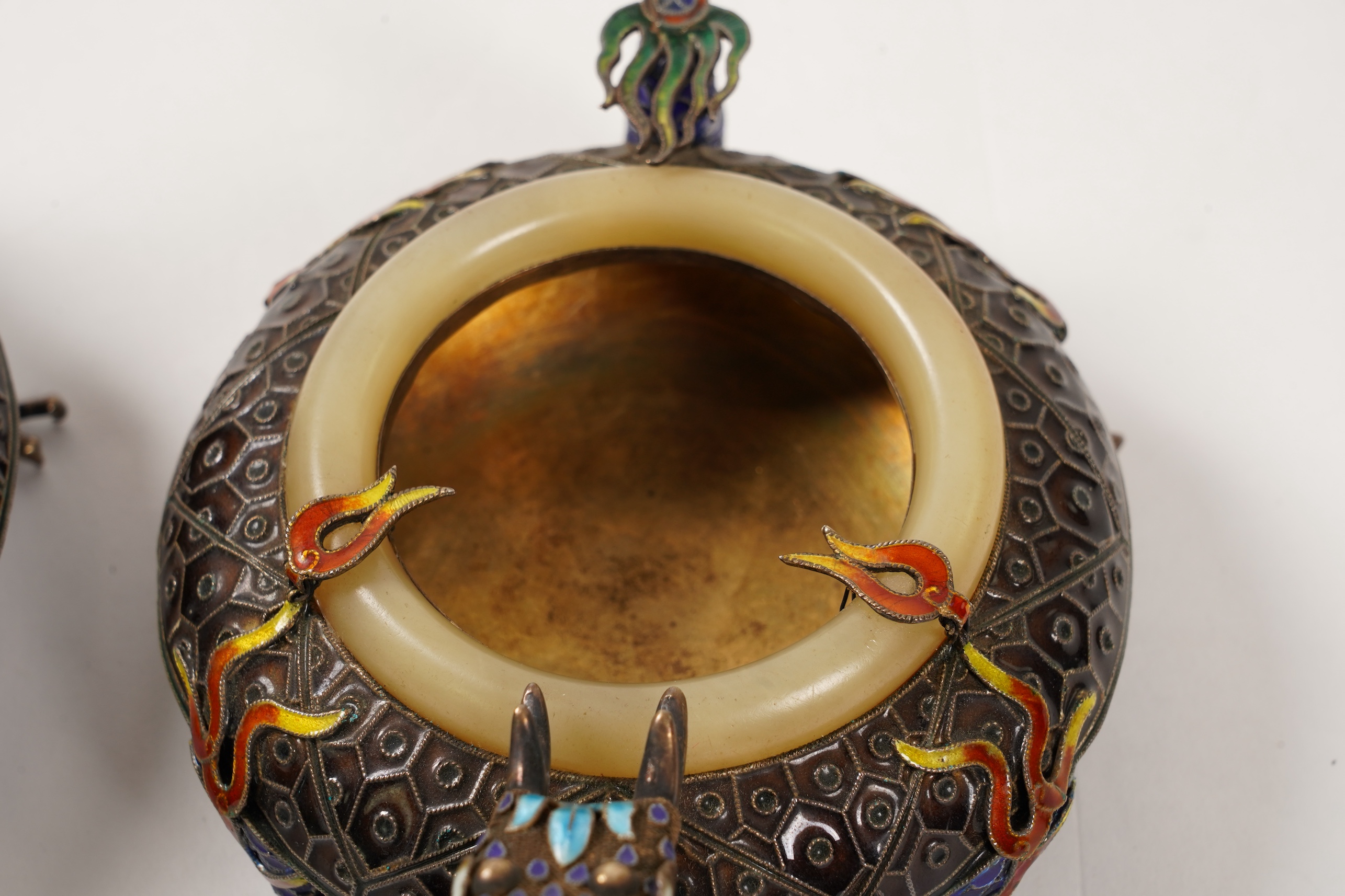 A pair of Chinese silver-gilt and enamel ’dragon’ bowls, 20th century
